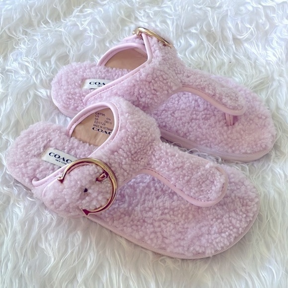 Brand New Coach Pink Shearling Hollie Flip Flop Sandal Plush Buckle Slides - Picture 15 of 16